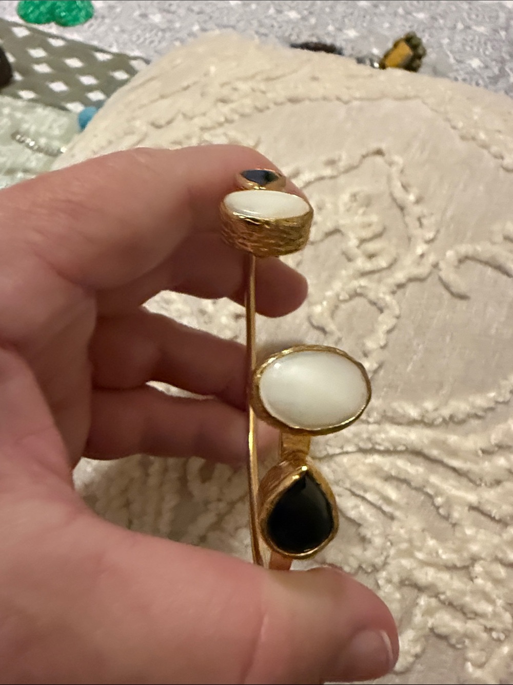 Turkish Gold -Tone White and Black Stone Open Cuff Bracelet